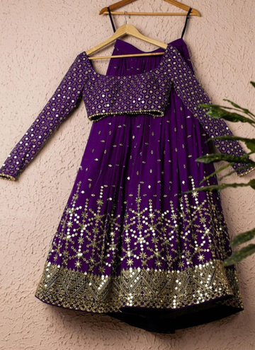 Wedding Wear Zari Sequence Work Purple Georgette Lehenga Choli